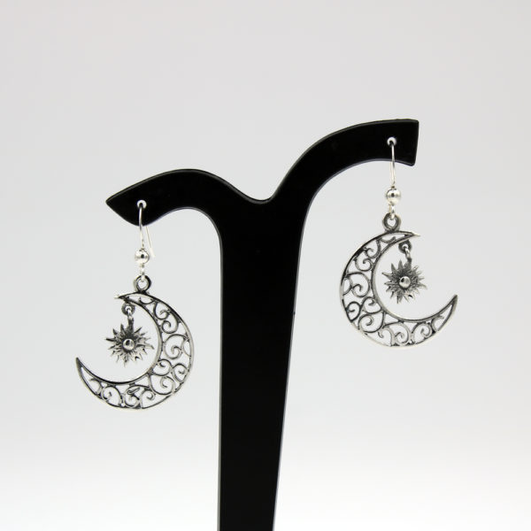 Silver crescent moon and star hook earrings